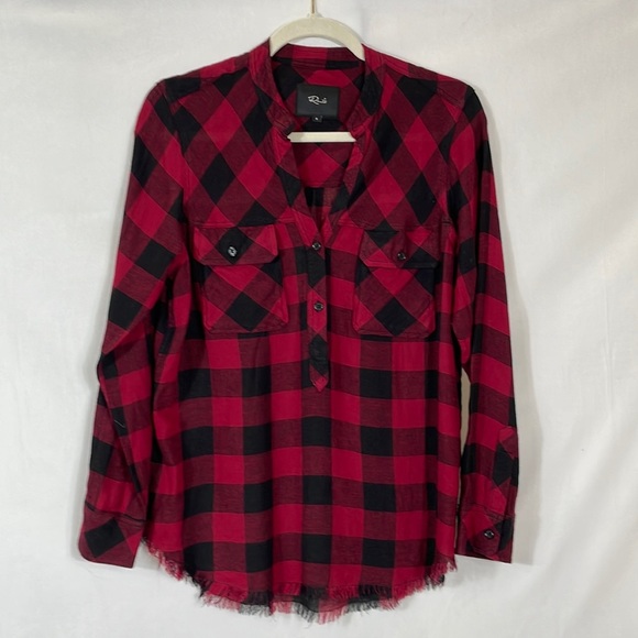 Rails Tops - Rails Blouse Top S Plaid Red and Black V Neck Popover Frayed Hem